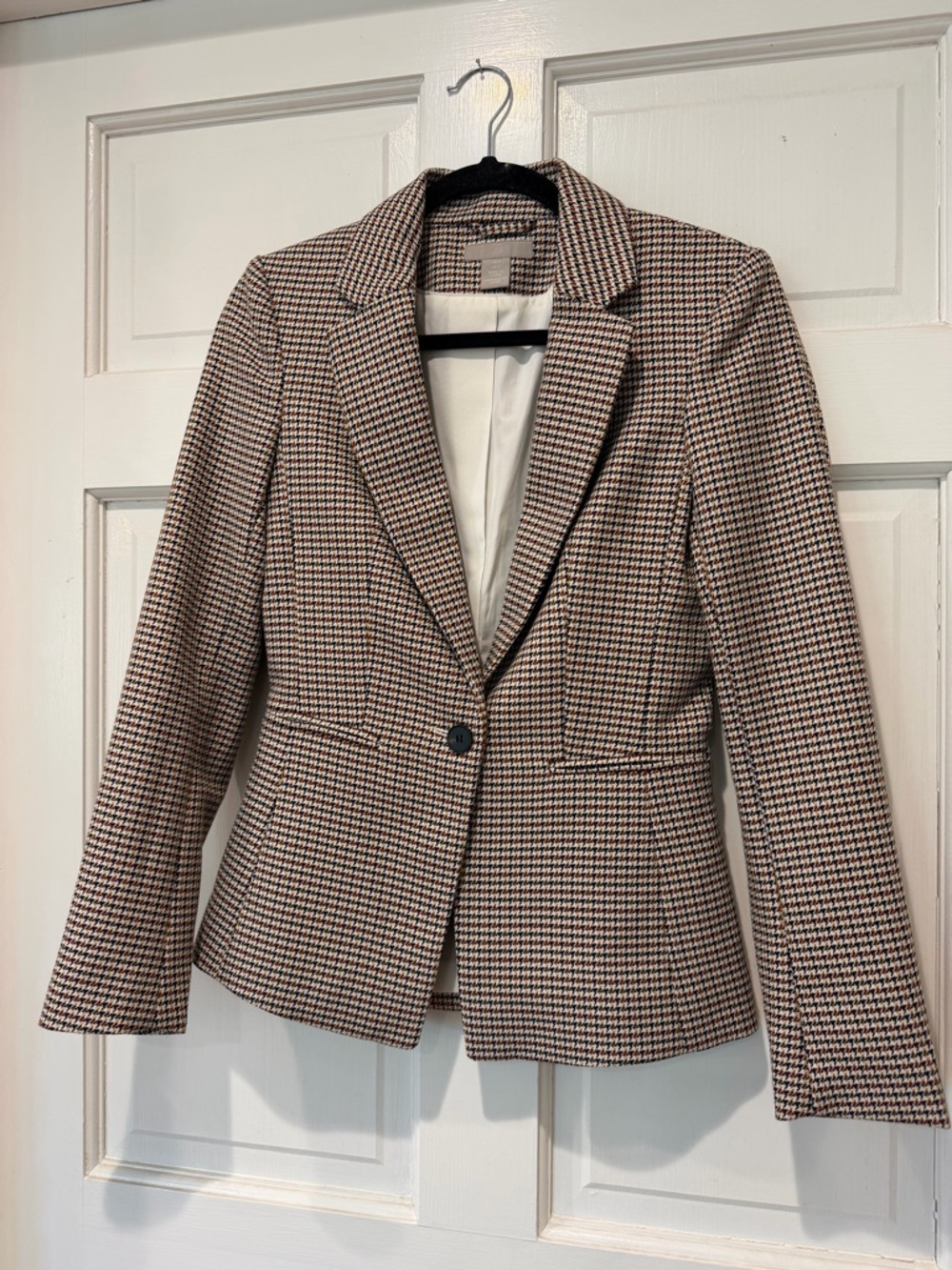 Classic Houndstooth One-Button Blazer - Brown/Navy/Tan